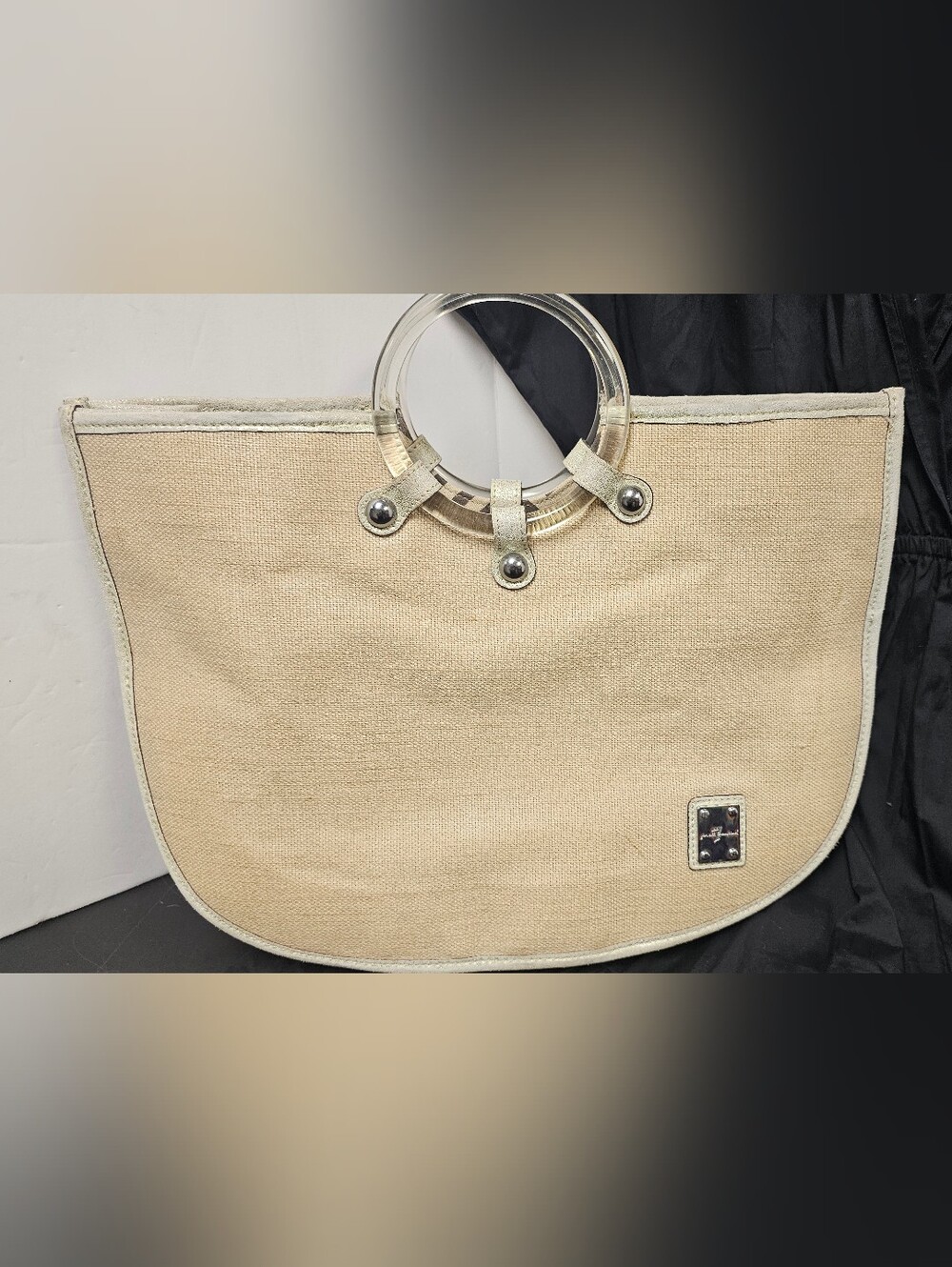 7 For All Mankind Beige Canvas Tote with Clear Ring Handles